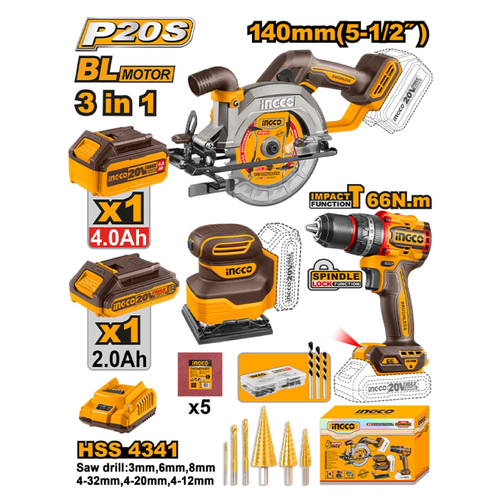 KIT 3 HERRAMIENTAS INGCO PERCUTOR 20V 66NM + SIERRA CIRCULAR 20V 5 1/2'' + LIJADORA 20V COSLI241193 - 1