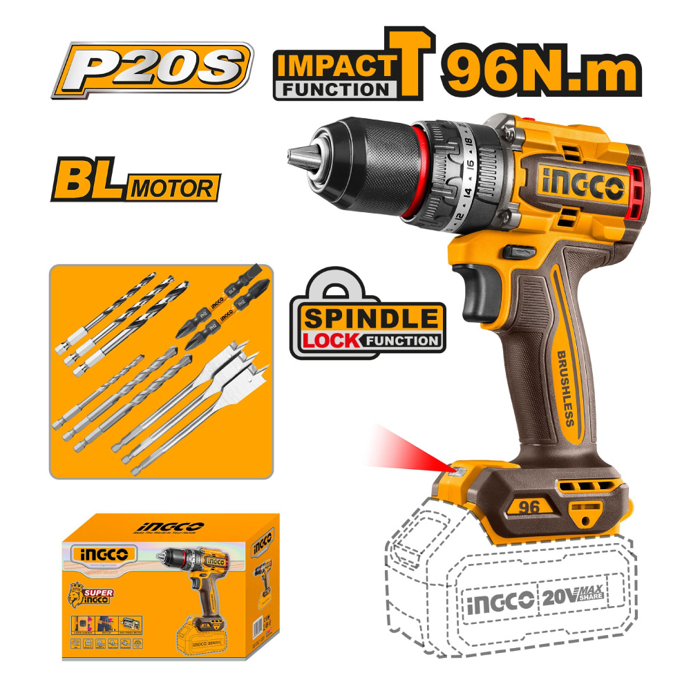 TALADRO ATORNILLADOR INALÁMBRICO BRUSHLESS CHUCK METÁLICO INGCO 20V 96NM CIDLI209681 - 1