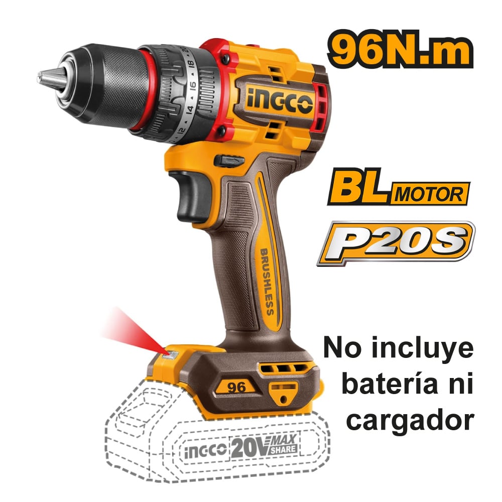 TALADRO ATORNILLADOR INALÁMBRICO BRUSHLESS CHUCK METÁLICO INGCO 20V 96NM CIDLI209681 - 2