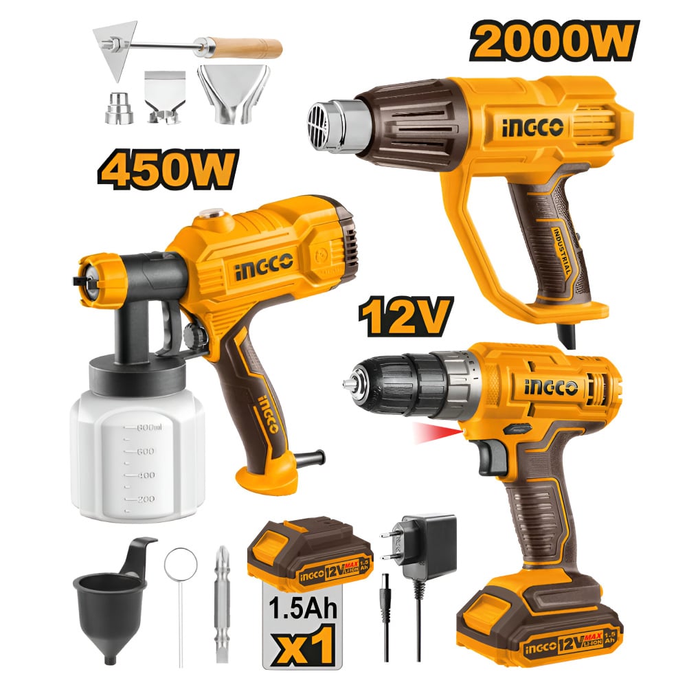COMBO ATORNILLADOR INGCO 12V CDLI1218 + PISTOLA PINTAR 450W SPG3508 + PISTOLA CALOR 2000W HG200078 - 1