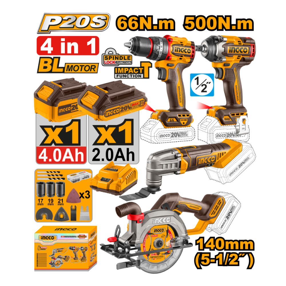 KIT INGCO PERCUTOR 66NM + LLAVE IMPACTO 500NM + SIERRA CIRCULAR 140MM + MULTIHERRAMIENTA COSLI241169 - 1