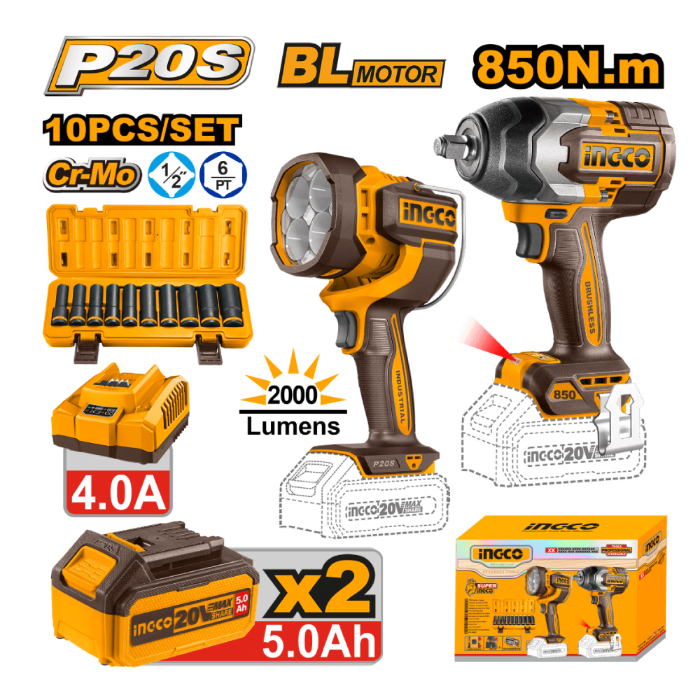 KIT LLAVE DE IMPACTO BRUSHLESS INGCO 850NM + LINTERNA PORTÁTIL LED + 2 BATERÍAS 5AH COSLI241181 - 1
