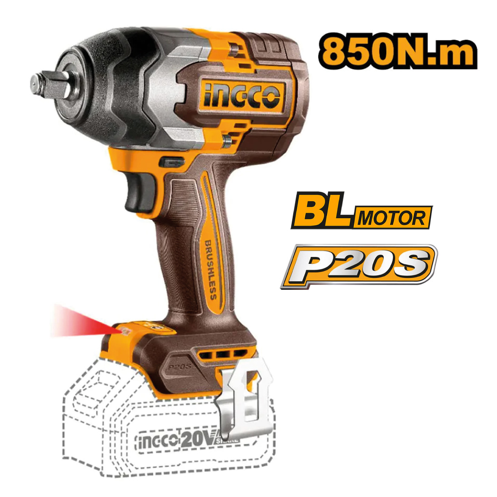 KIT LLAVE DE IMPACTO BRUSHLESS INGCO 850NM + LINTERNA PORTÁTIL LED + 2 BATERÍAS 5AH COSLI241181 - 3