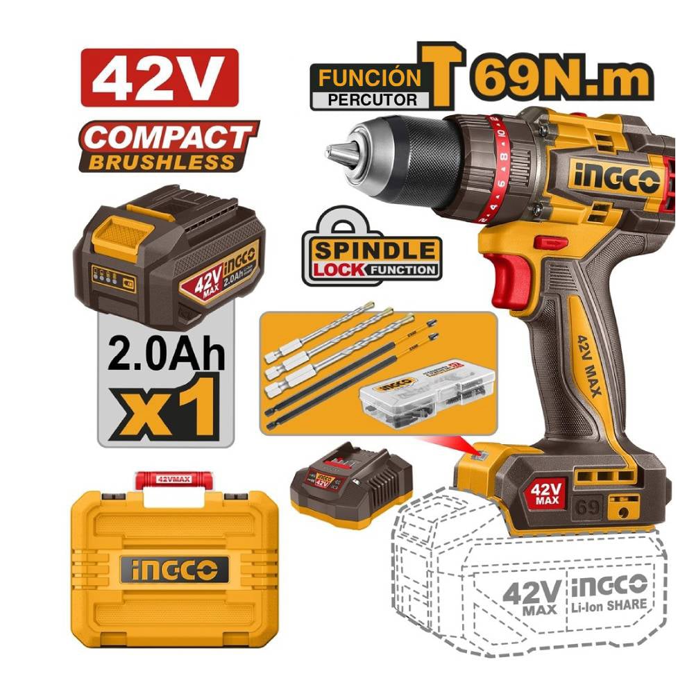 EL TALADRO PERCUTOR BRUSHLESS CHUCK METÁLICO INGCO 42V 69NM + 1 BATERÍA CON CARGADOR CIDLI426981 - 1