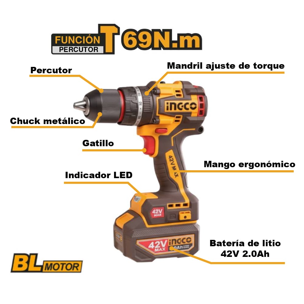 EL TALADRO PERCUTOR BRUSHLESS CHUCK METÁLICO INGCO 42V 69NM + 1 BATERÍA CON CARGADOR CIDLI426981 - 2