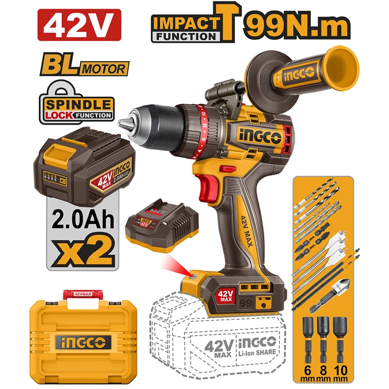 TALADRO PERCUTOR BRUSHLESS CHUCK METÁLICO INGCO 42V 99NM + 2 BATERÍAS CON CARGADOR CIDLI429982 - 1