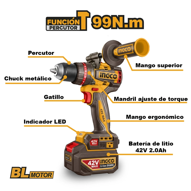 TALADRO PERCUTOR BRUSHLESS CHUCK METÁLICO INGCO 42V 99NM + 2 BATERÍAS CON CARGADOR CIDLI429982 - 2