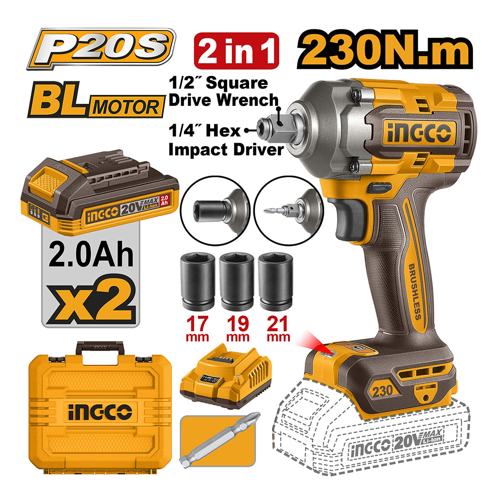 LLAVE Y ATORNILLADOR DE IMPACTO INGCO 20V 230NM + 2 BATERÍAS 2.0AH + CARGADOR CIWLI20236 - 1