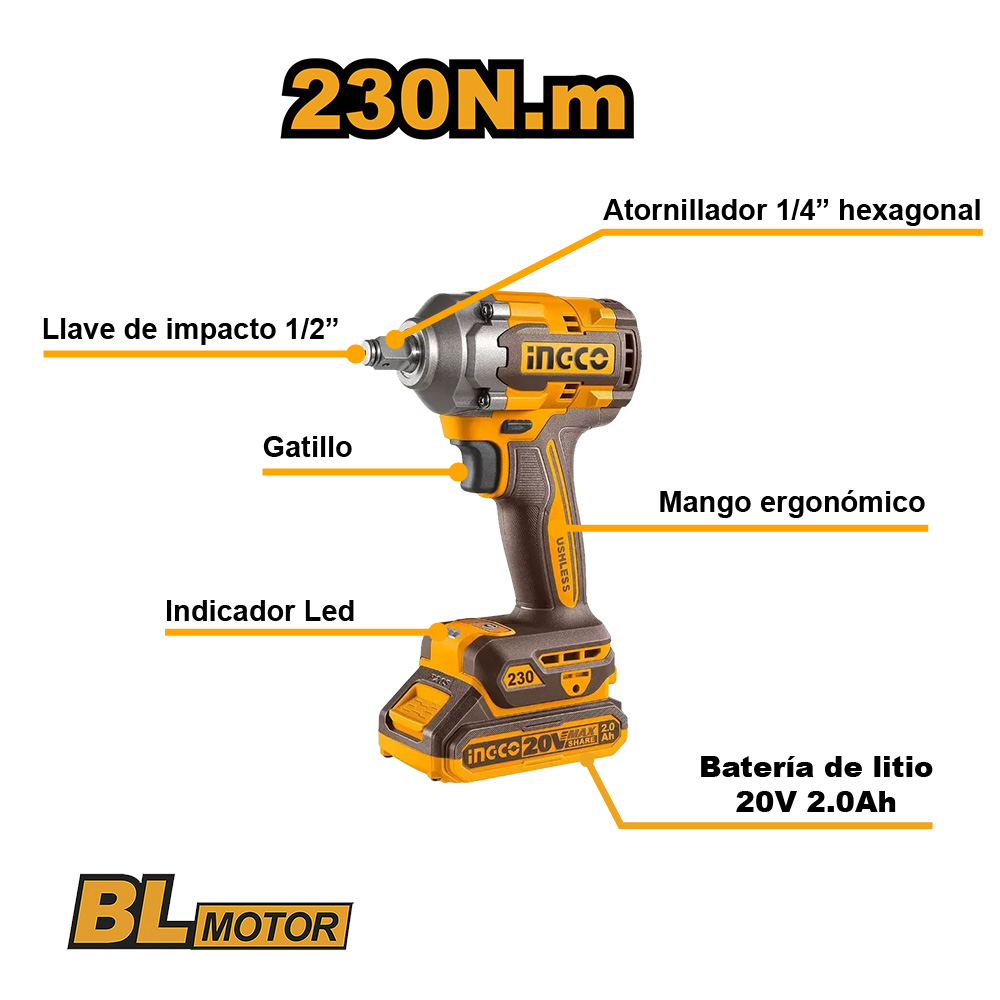 LLAVE Y ATORNILLADOR DE IMPACTO INGCO 20V 230NM + 2 BATERÍAS 2.0AH + CARGADOR CIWLI20236 - 2