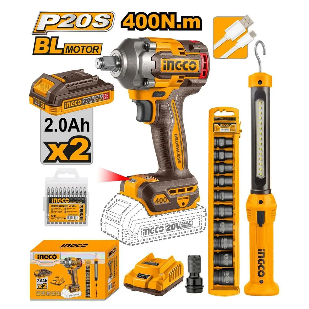 KIT LLAVE DE IMPACTO BRUSHLESS INGCO 20V 400NM + LÁMPARA + DADOS + PUNTILLAS COSLI23048 - 1