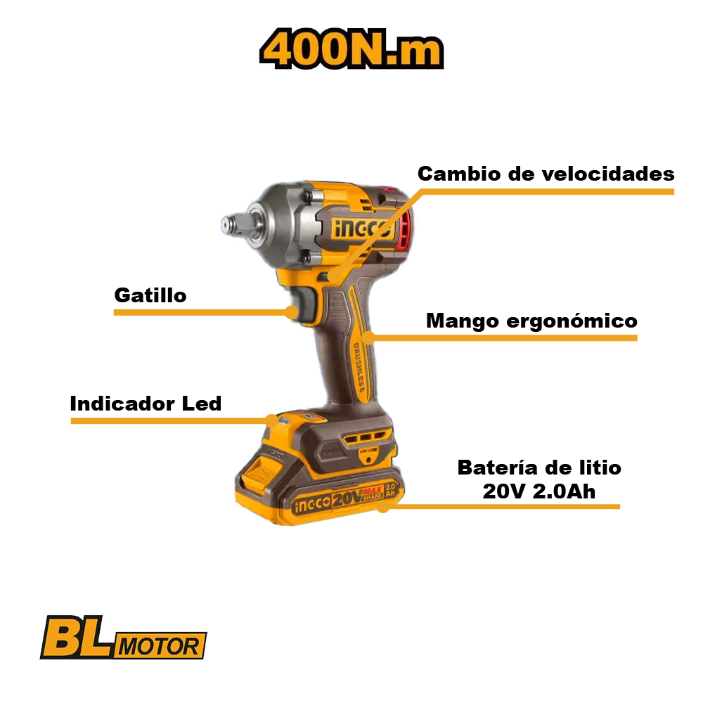 KIT LLAVE DE IMPACTO BRUSHLESS INGCO 20V 400NM + LÁMPARA + DADOS + PUNTILLAS COSLI23048 - 2