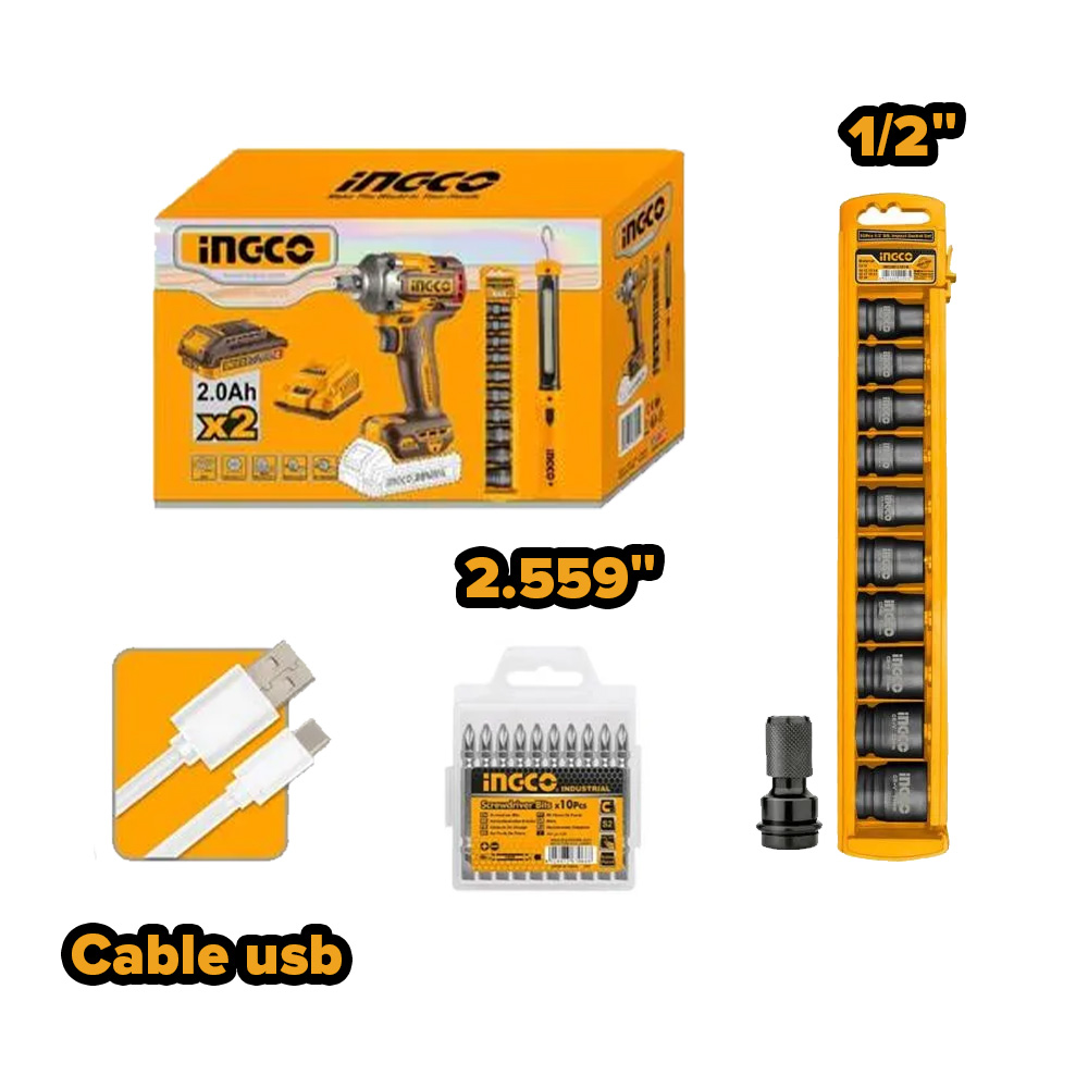 KIT LLAVE DE IMPACTO BRUSHLESS INGCO 20V 400NM + LÁMPARA + DADOS + PUNTILLAS COSLI23048 - 8