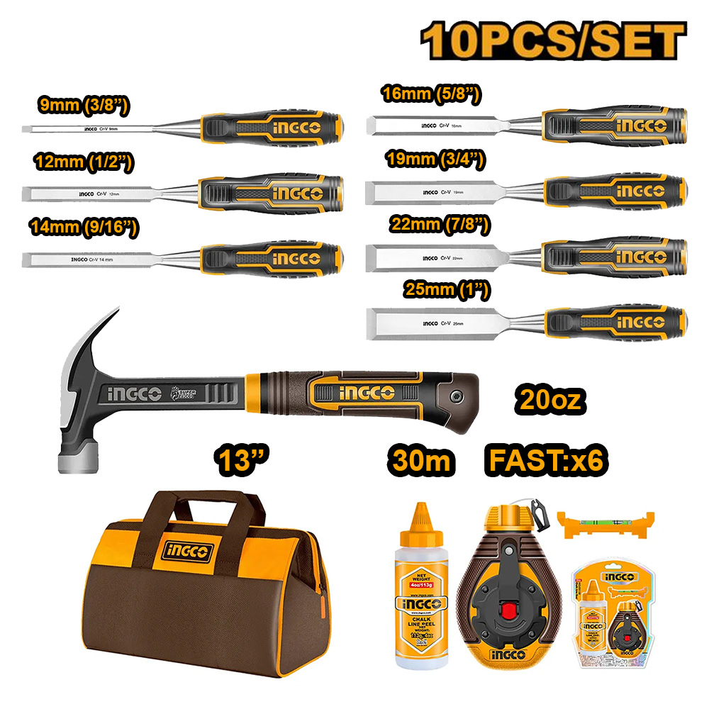 KIT 10 HERRAMIENTAS PROFESIONALES PARA CARPINTERÍA INGCO COS230906 - 1