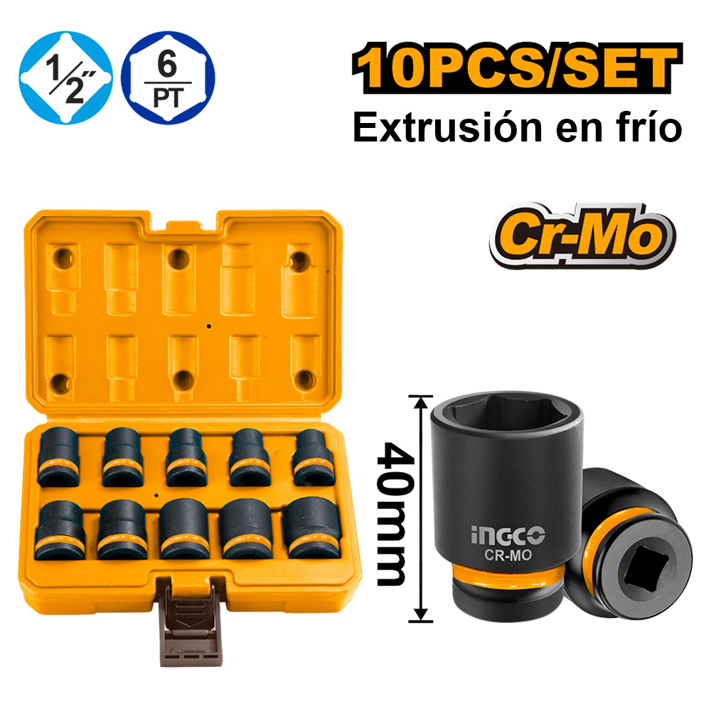 SET 10 DADOS DE IMPACTO INGCO 1/2' DE 10 A 24MM HKISSD12101 - 1