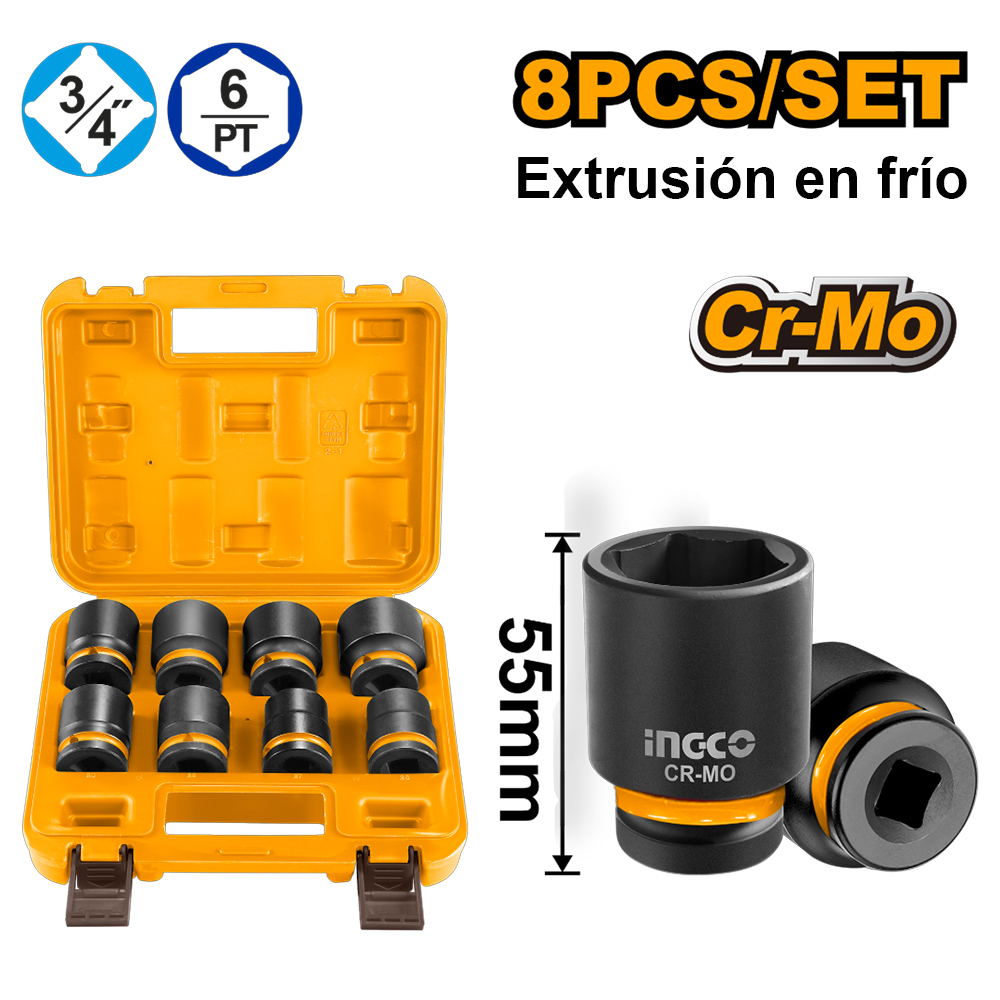 SET 8 DADOS DE IMPACTO INGCO 3/4' DE 26 A 38MM HKISSD34081 - 1