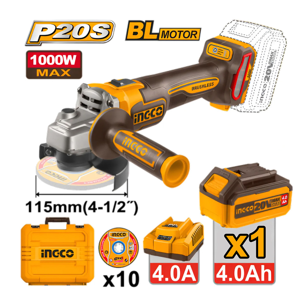 AMOLADORA ANGULAR BRUSHLESS INGCO 20V 1000W 4 1/2″ 115MM + BATERÍA 4.0AH + CARGADOR CAGLI271531 - 1