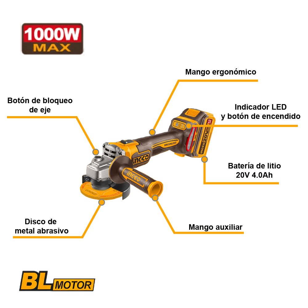 AMOLADORA ANGULAR BRUSHLESS INGCO 20V 1000W 4 1/2″ 115MM + BATERÍA 4.0AH + CARGADOR CAGLI271531 - 2