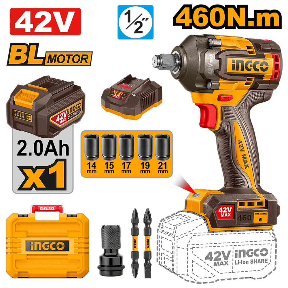 LLAVE DE IMPACTO BRUSHLESS INGCO 42V 460NM 12″ + BATERÍA + CARGADOR CIWLI42461 - 1