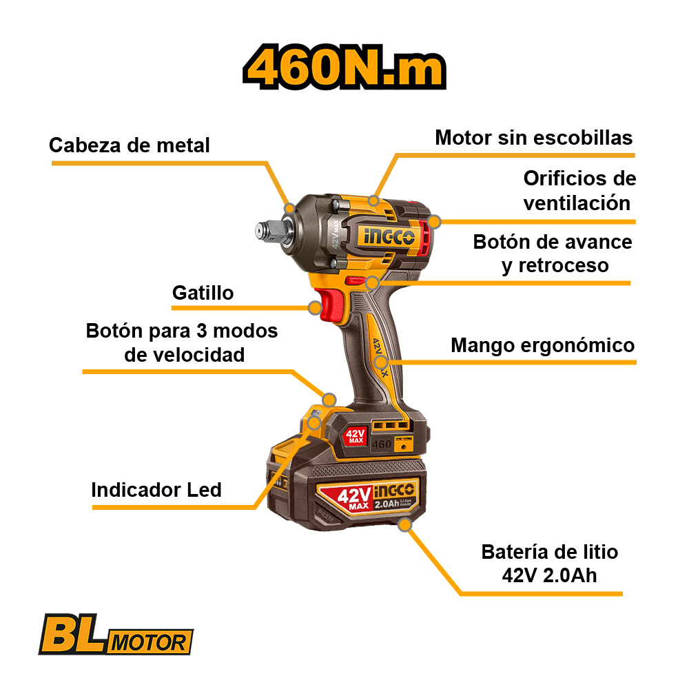 LLAVE DE IMPACTO BRUSHLESS INGCO 42V 460NM 12″ + BATERÍA + CARGADOR CIWLI42461 - 2