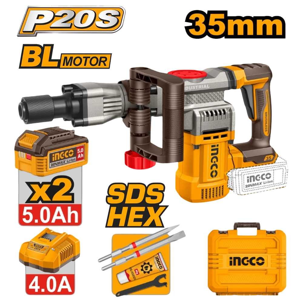 MARTILLO DEMOLEDOR BRUSHLESS INGCO 20V 35MM 16J SDS HEX + 2 BATERÍAS 5.0AH CDBLI203582 - 1