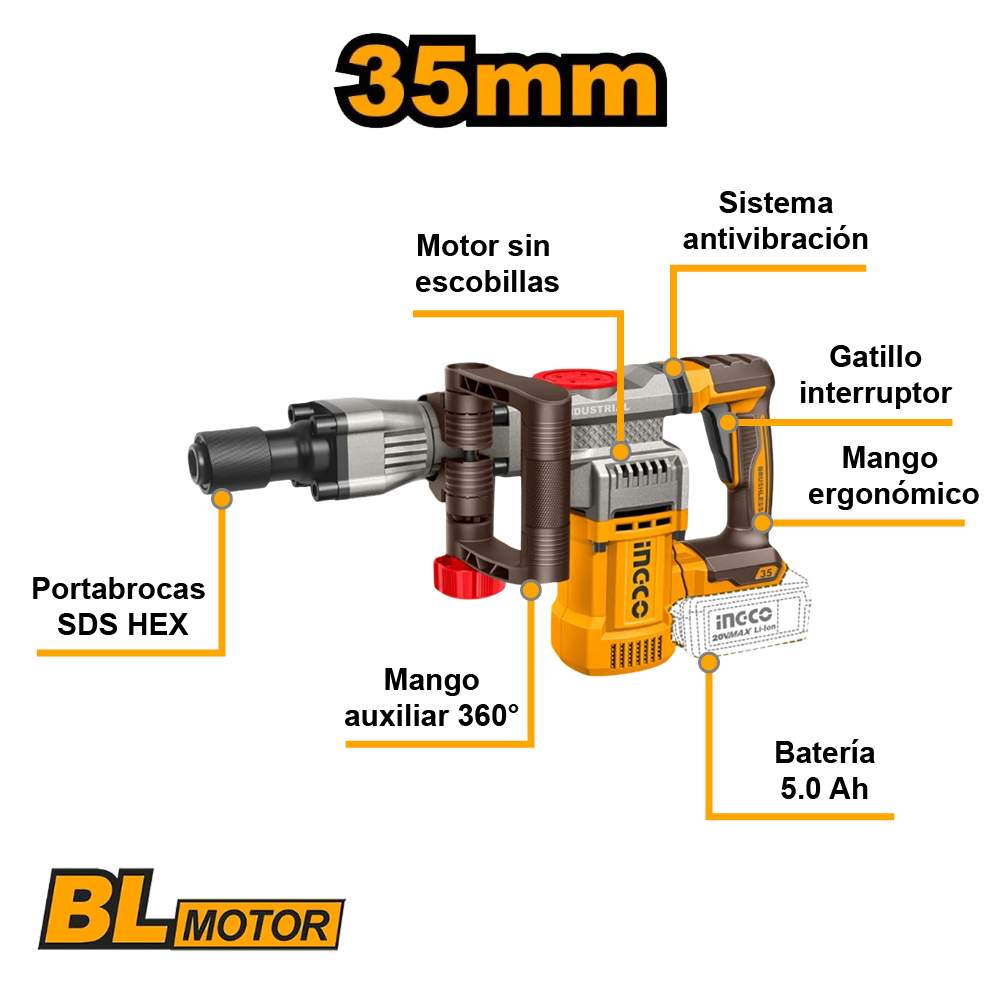 MARTILLO DEMOLEDOR BRUSHLESS INGCO 20V 35MM 16J SDS HEX + 2 BATERÍAS 5.0AH CDBLI203582 - 2