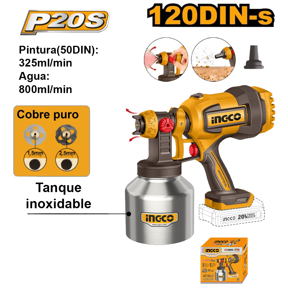 PISTOLA PARA PINTAR TANQUE INOXIDABLE INGCO 20V 800MLMIN 120DIN-S CSGLI20041 - 1