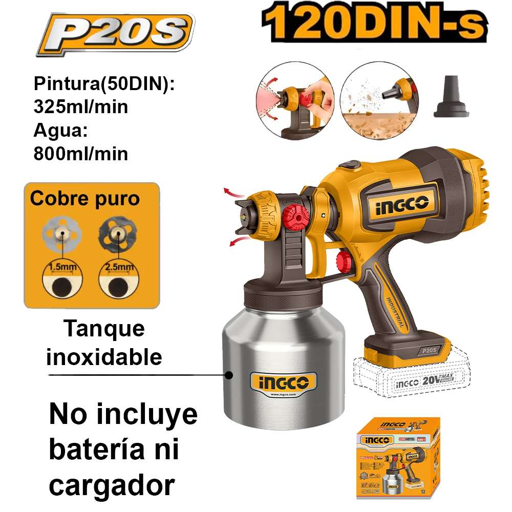 PISTOLA PARA PINTAR TANQUE INOXIDABLE INGCO 20V 800MLMIN 120DIN-S CSGLI20041 - 2