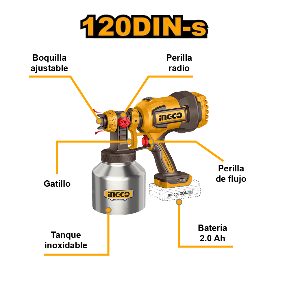 PISTOLA PARA PINTAR TANQUE INOXIDABLE INGCO 20V 800MLMIN 120DIN-S CSGLI20041 - 3