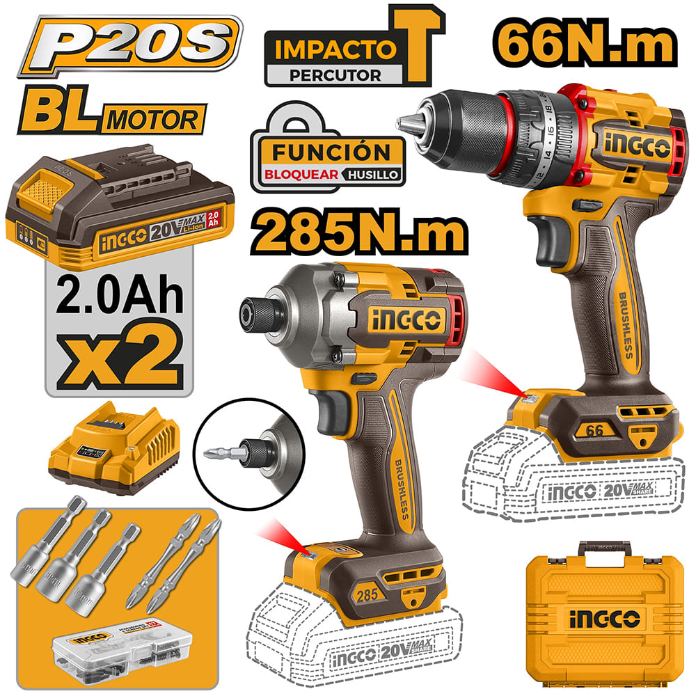 KIT PERCUTOR BRUSHLESS INGCO 66NM + ATORNILLADOR DE IMPACTO BRUSHLESS 20V 285NM CKLI20277 - 1