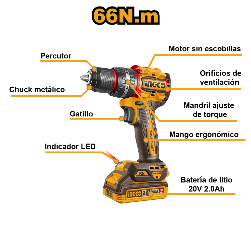 KIT PERCUTOR BRUSHLESS INGCO 66NM + ATORNILLADOR DE IMPACTO BRUSHLESS 20V 285NM CKLI20277 - 2