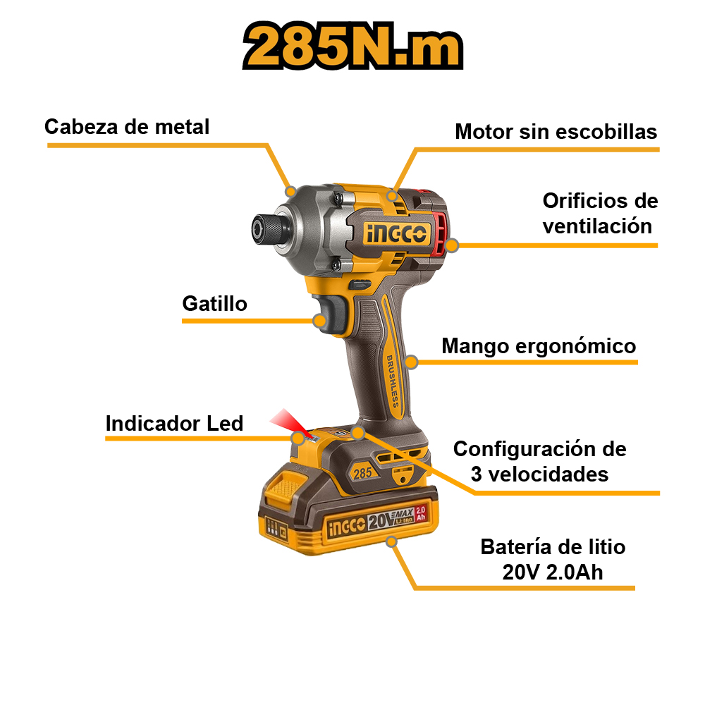 KIT PERCUTOR BRUSHLESS INGCO 66NM + ATORNILLADOR DE IMPACTO BRUSHLESS 20V 285NM CKLI20277 - 4
