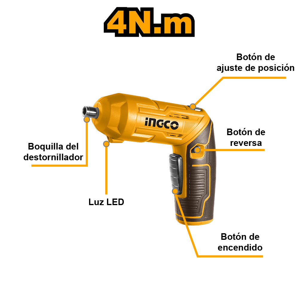 DESTORNILLADOR INALÁMBRICO INGCO 4V 4NM + 19 ACCESORIOS CSDLI0442 - 2