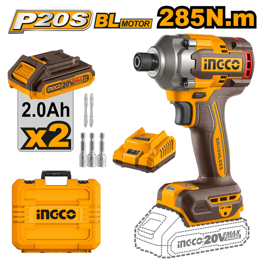 ATORNILLADOR DE IMPACTO BRUSHLESS INGCO 20V 285NM + 2 BATERÍAS 2.0AH CIRLI2028 - 1