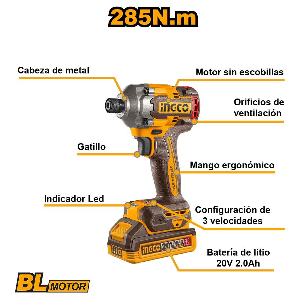ATORNILLADOR DE IMPACTO BRUSHLESS INGCO 20V 285NM + 2 BATERÍAS 2.0AH CIRLI2028 - 2
