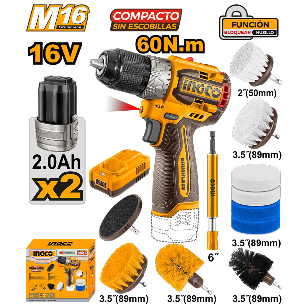 TALADRO ATORNILLADOR INALÁMBRICO 16V 60NM + 2 BATERÍAS 2.0AH + CEPILLOS DE LIMPIEZA COSLI240786 - 1