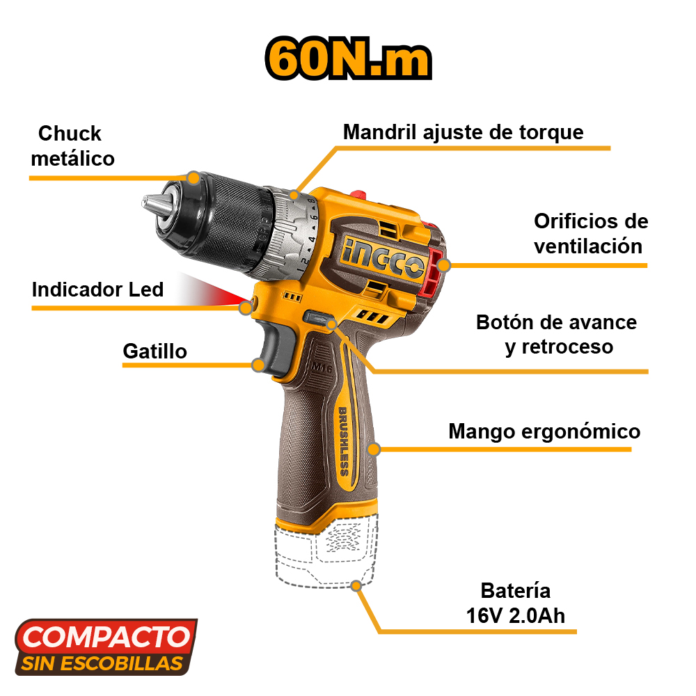 TALADRO ATORNILLADOR INALÁMBRICO 16V 60NM + 2 BATERÍAS 2.0AH + CEPILLOS DE LIMPIEZA COSLI240786 - 2