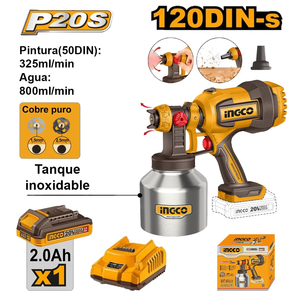 PISTOLA PARA PINTAR TANQUE INOXIDABLE INGCO 20V 800MLMIN 120DIN-S + BATERÍA 20AH + CARGADOR CSGLI20041 - 1