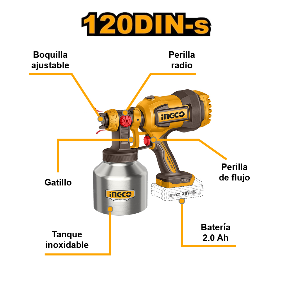PISTOLA PARA PINTAR TANQUE INOXIDABLE INGCO 20V 800MLMIN 120DIN-S + BATERÍA 20AH + CARGADOR CSGLI20041 - 2