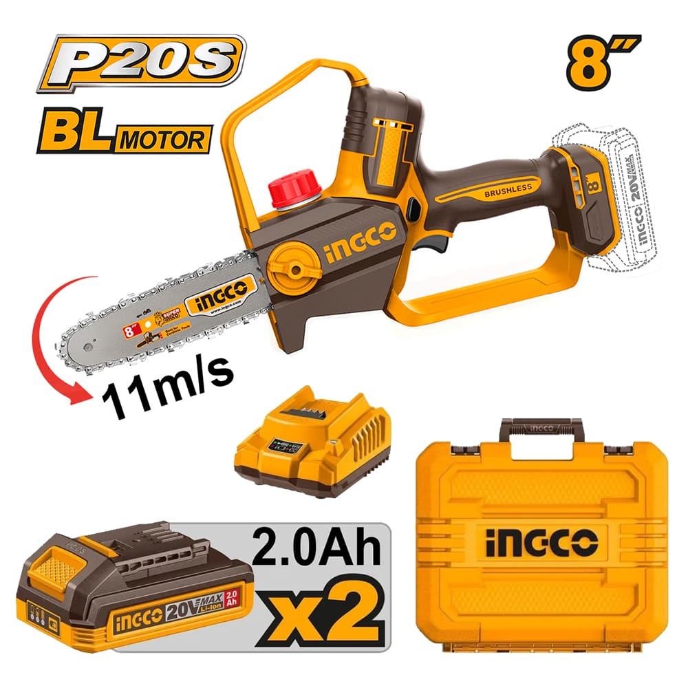 MOTOSIERRA INGCO 20V 8' 20CM 11M/S + 2 BATERÍAS 2.0AH + CARGADOR CGSLI20882 - 1