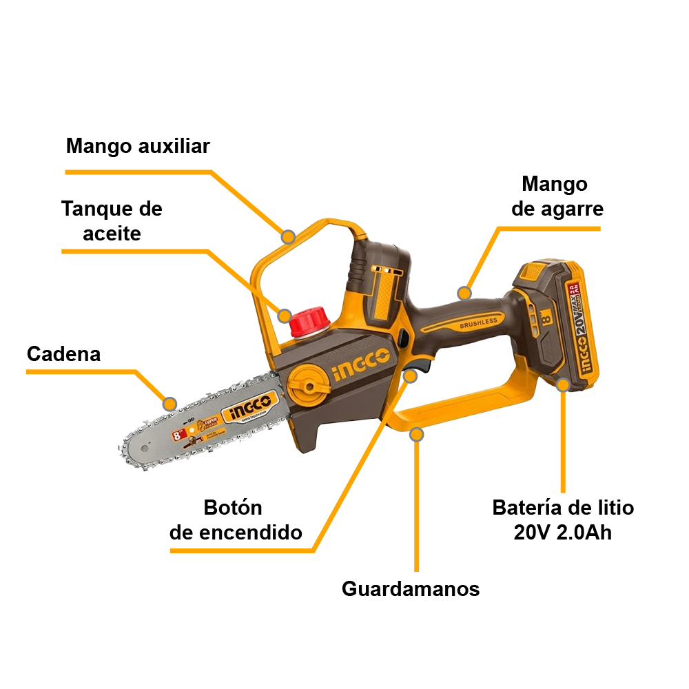 MOTOSIERRA INGCO 20V 8' 20CM 11M/S + 2 BATERÍAS 2.0AH + CARGADOR CGSLI20882 - 2