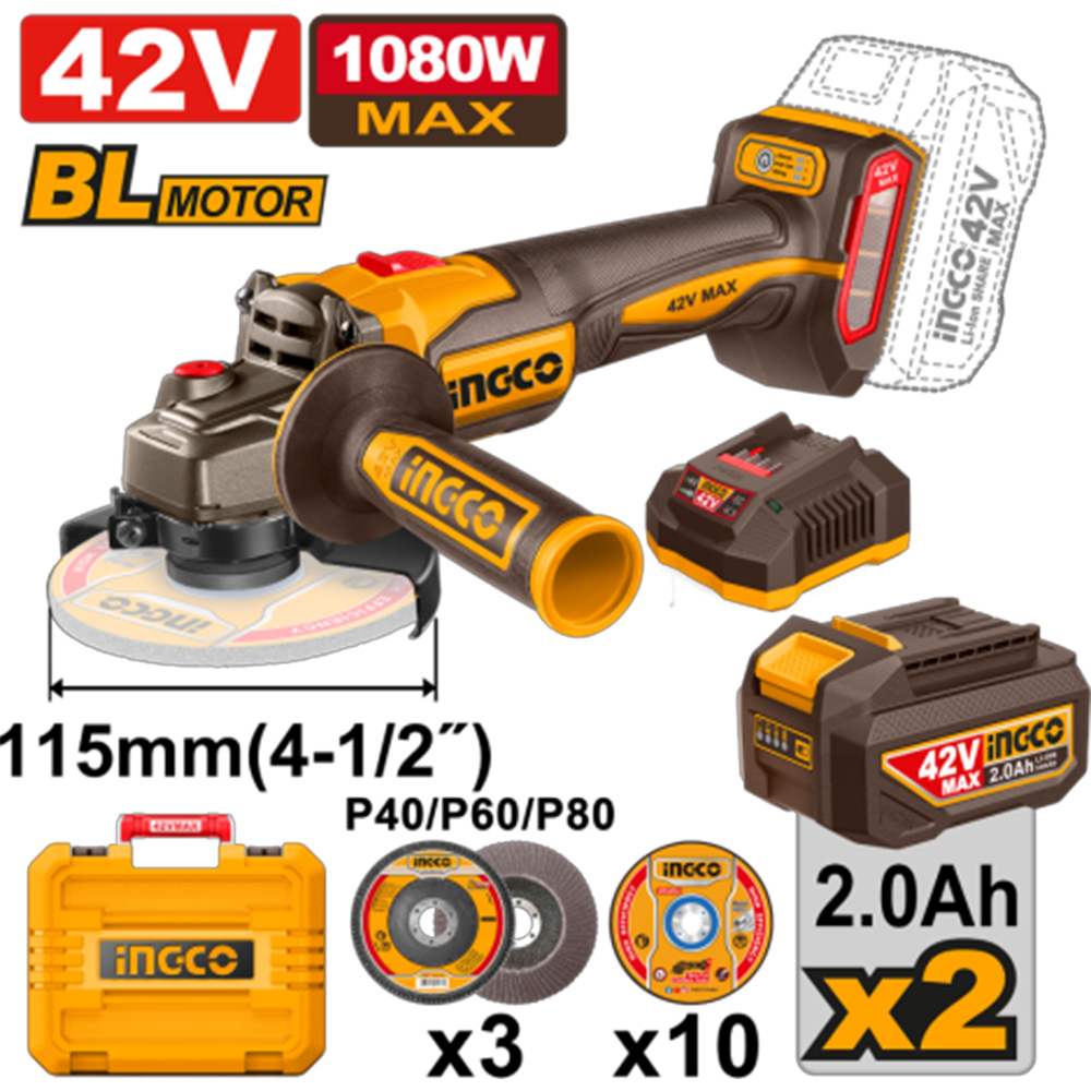 AMOLADORA ANGULAR BRUSHLESS INGCO 42V 1080W 4 1/2″ 115 MM + 2 BATERÍAS 2.0AH + CARGADOR CAGLI4108112 - 1