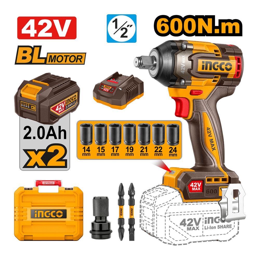 LLAVE DE IMPACTO BRUSHLESS INGCO 42V 600NM 1/2″ + 2 BATERÍAS + CARGADOR CIWLI42602 - 1
