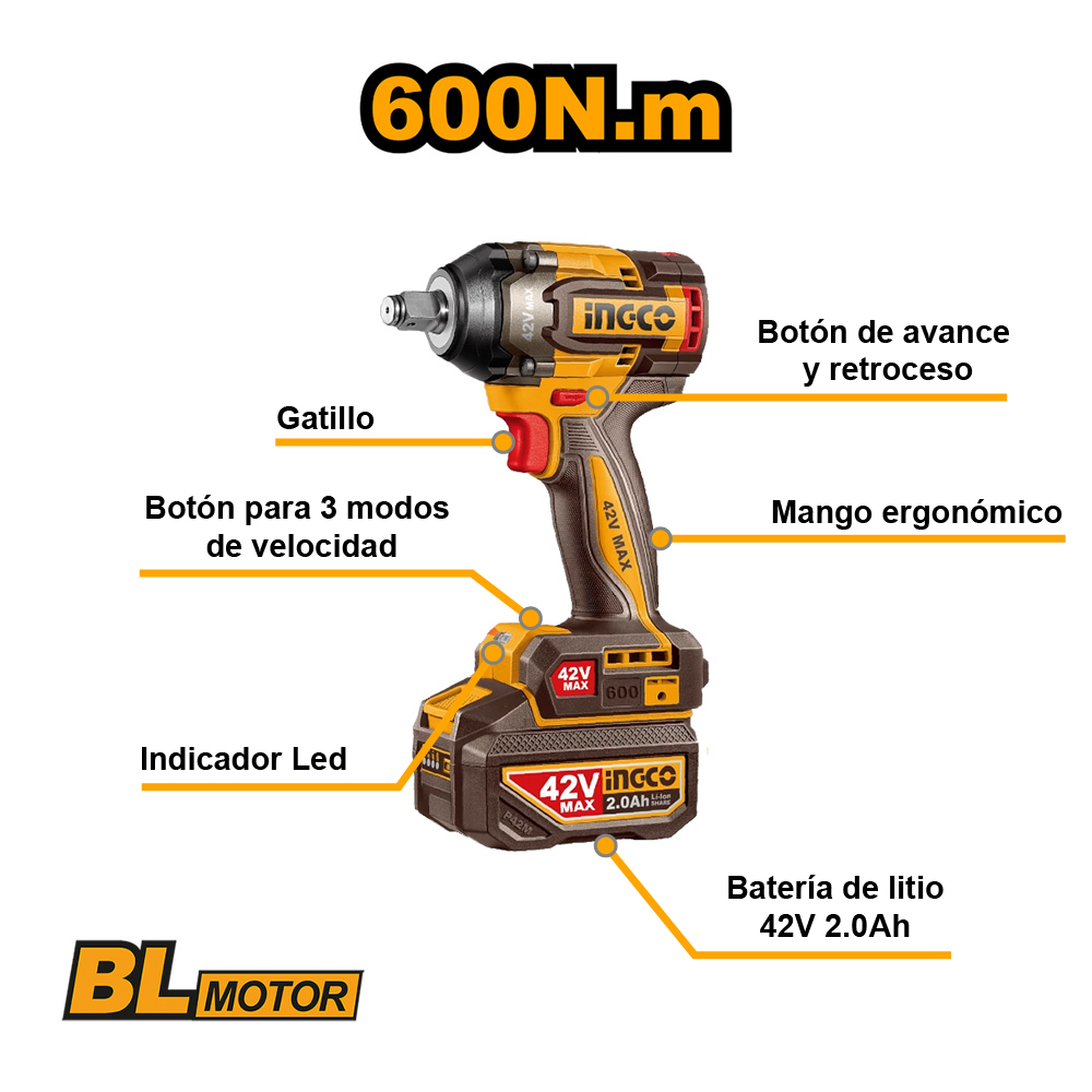 LLAVE DE IMPACTO BRUSHLESS INGCO 42V 600NM 1/2″ + 2 BATERÍAS + CARGADOR CIWLI42602 - 2
