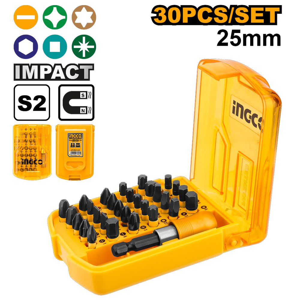 SET 30 PUNTAS DE IMPACTO PARA ATORNILLAR IMANTADAS CON EXTENSIÓN INGCO 25MM AKSD68303 - 1