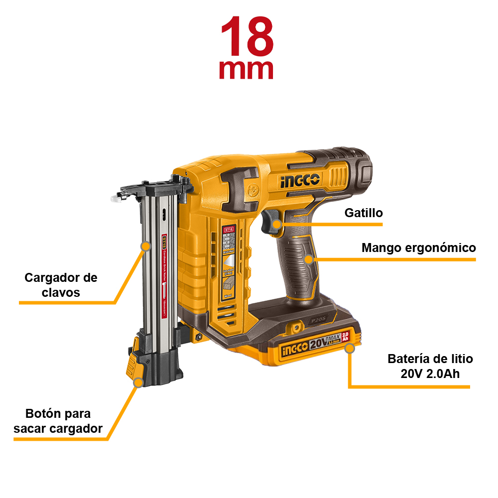 CLAVADORA INGCO 20V 18MM + BATERÍA + CARGADOR CSTLI3808 - 2