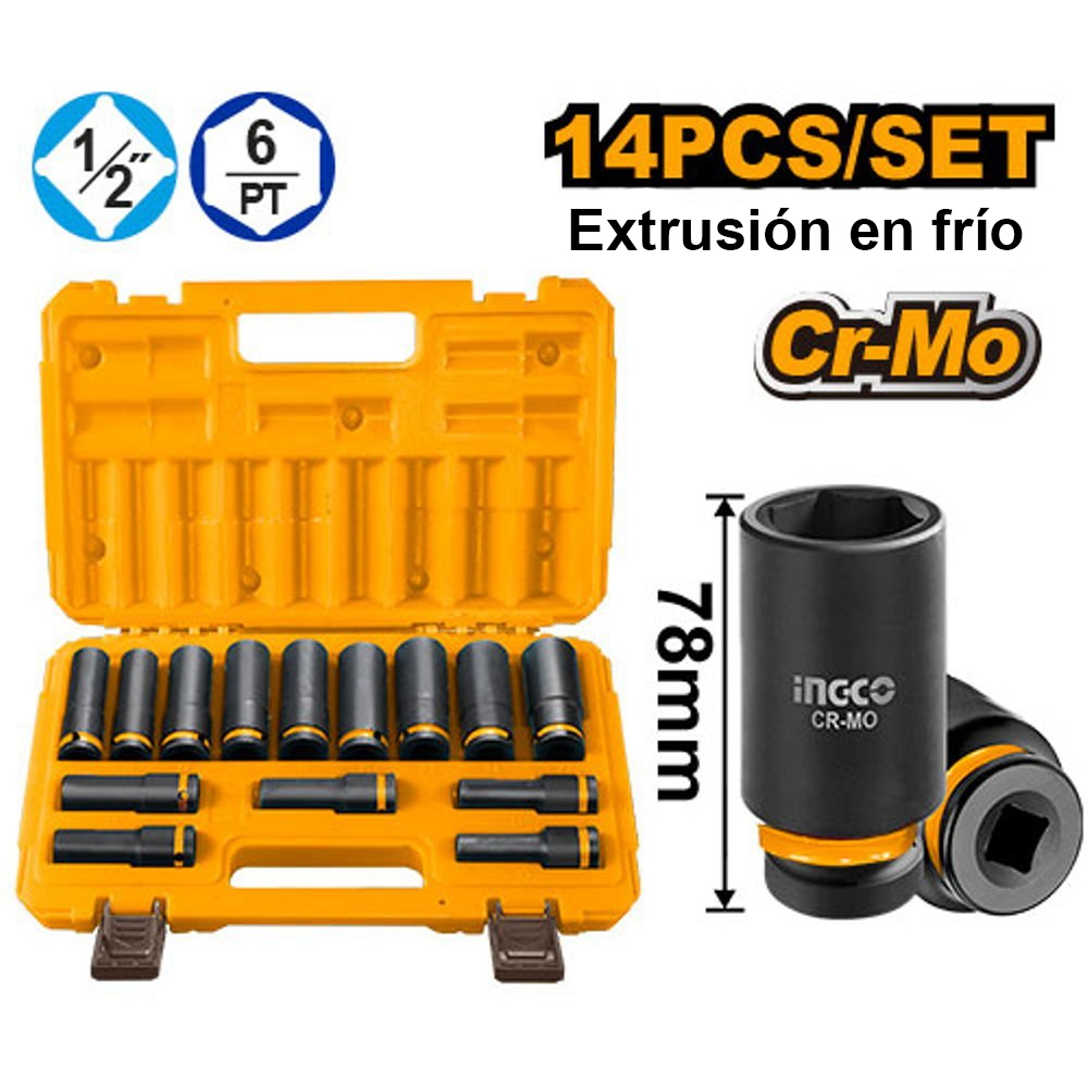 SET 14 DADOS DE IMPACTO LARGOS INGCO 1/2' HKISSD12143L - 1