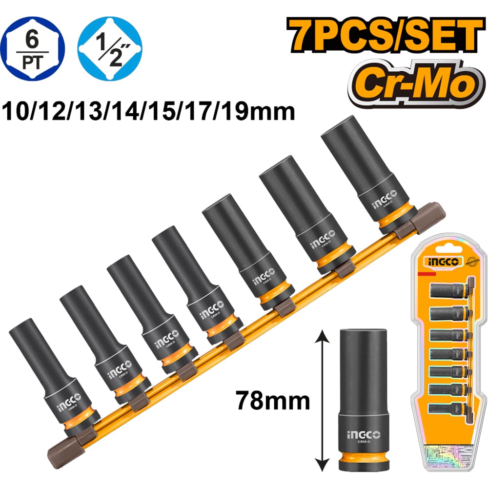 SET 7 DADOS DE IMPACTO LARGOS INGCO 1/2' HKISSD12072L - 1
