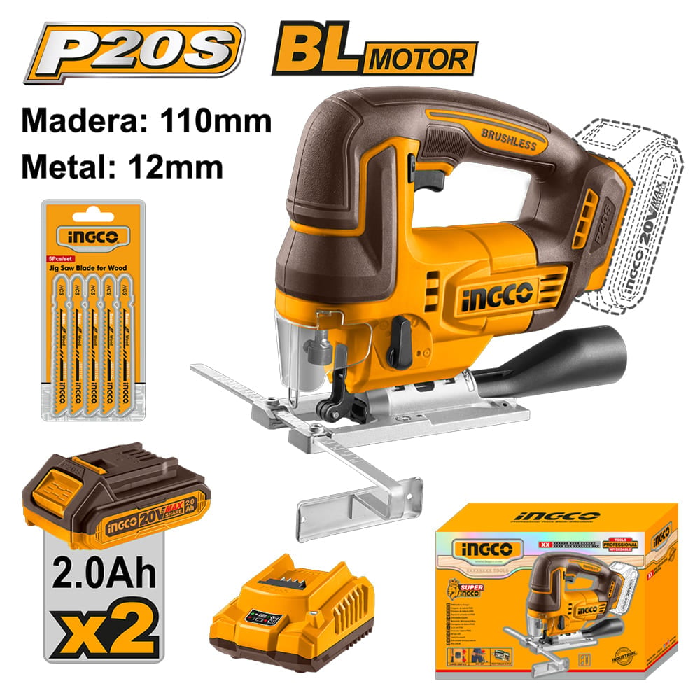 SIERRA CALADORA BRUSHLESS INGCO 20V CJSLI1008 + 2 BATERÍAS 2.0AH + 1 CARGADOR FBCPK2212 - 1