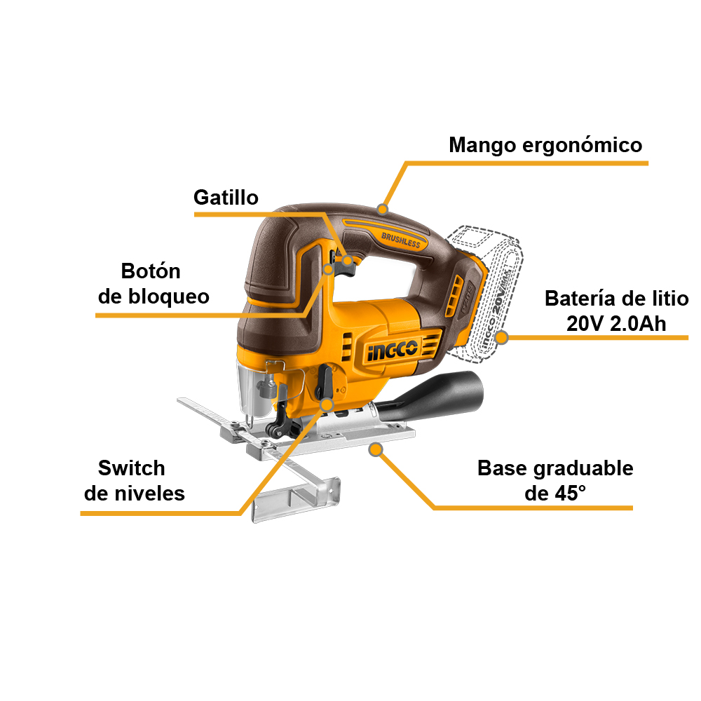 SIERRA CALADORA BRUSHLESS INGCO 20V CJSLI1008 + 2 BATERÍAS 2.0AH + 1 CARGADOR FBCPK2212 - 2