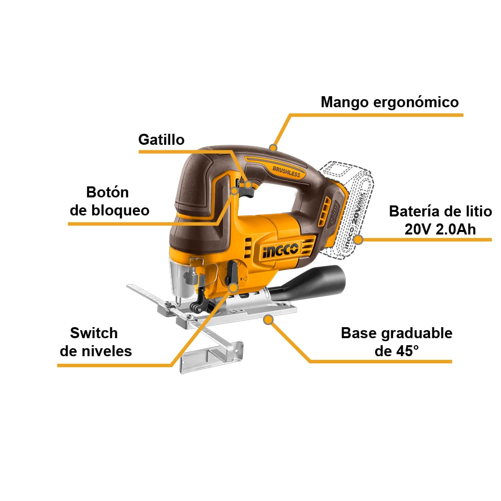 SIERRA CALADORA BRUSHLESS INGCO 20V + 5 HOJAS DE CALAR CJSLI1008 - 2